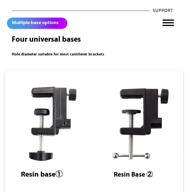 Black foldable metal desktop bracket holding a tablet at an adjustable angle on a desk.