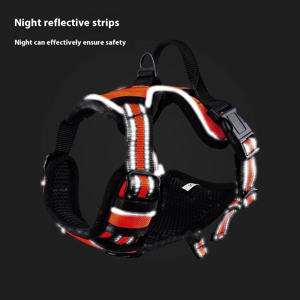 Adjustable outdoor dog chest strap harness made of Oxford cloth in various colours with a D-ring.