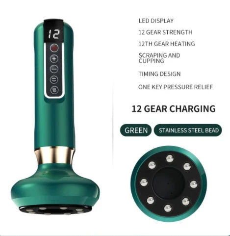A versatile electric vacuum cupping massager with 12 suction levels, infrared heating, and portable wireless design for holistic self-care at home.