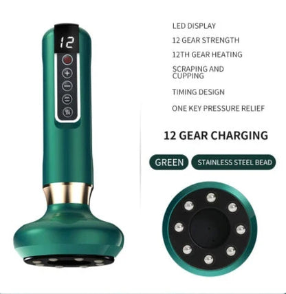 A versatile electric vacuum cupping massager with 12 suction levels, infrared heating, and portable wireless design for holistic self-care at home.