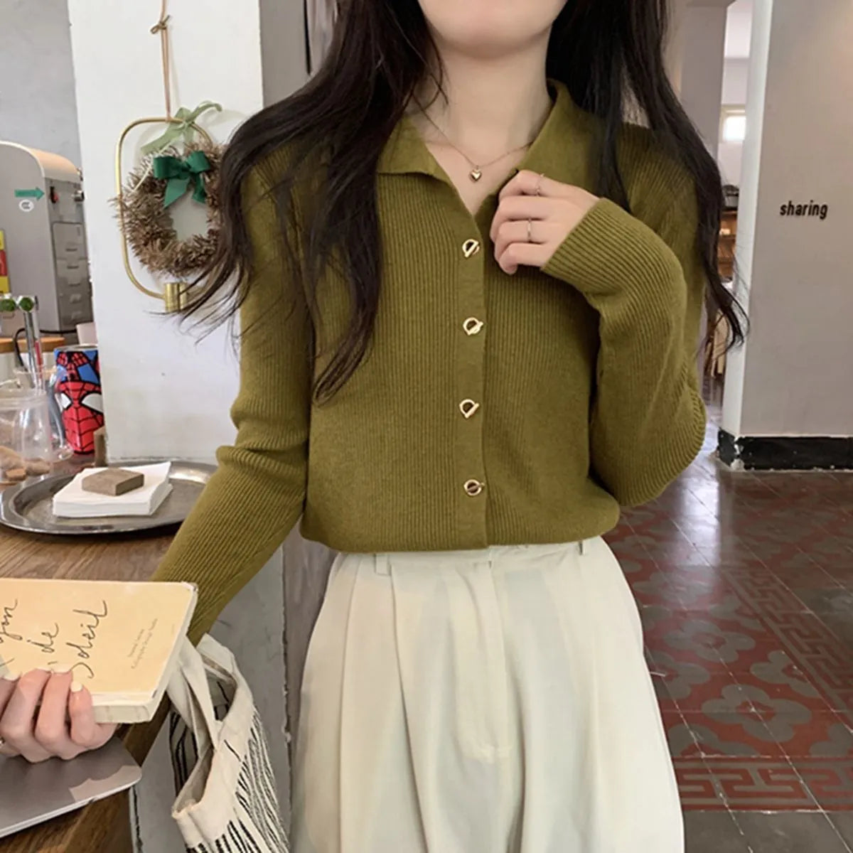 Long-sleeved loose viscose knit cardigan top in beige, black, green, khaki, or oatmeal colour.