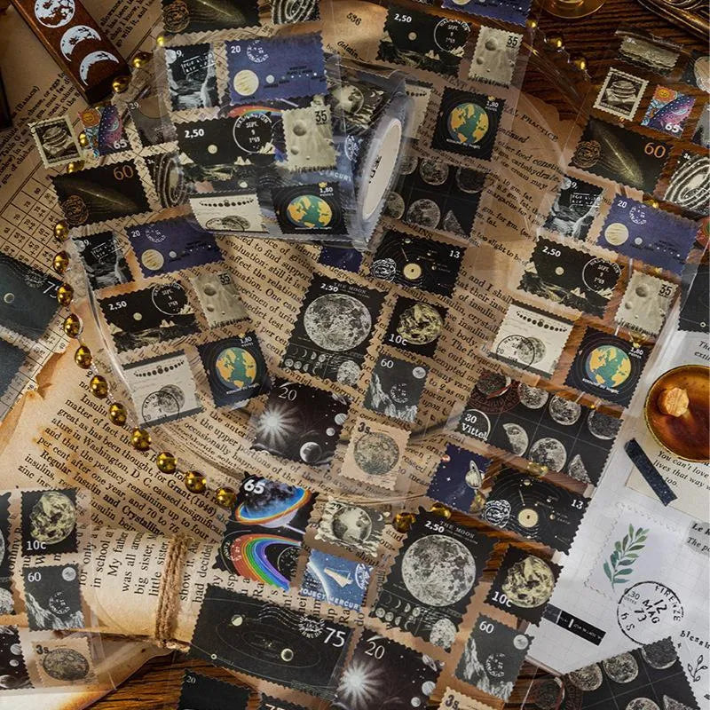 Retro DIY journal decoration coated paper stamp sticker roll showing 55mm width and sample designs from four collections