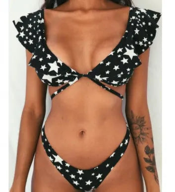 Yellow flower printed floral bikini swimsuit with retro dots and backless design