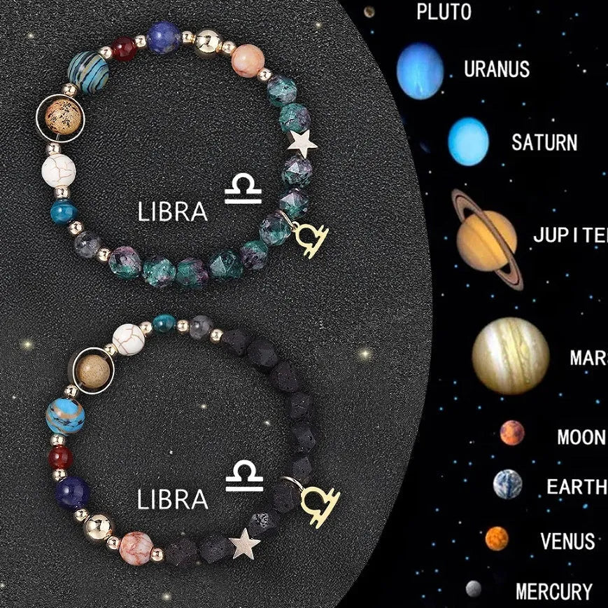 Set of two natural stone beaded bracelets for the twelve zodiac signs with adjustable knots.