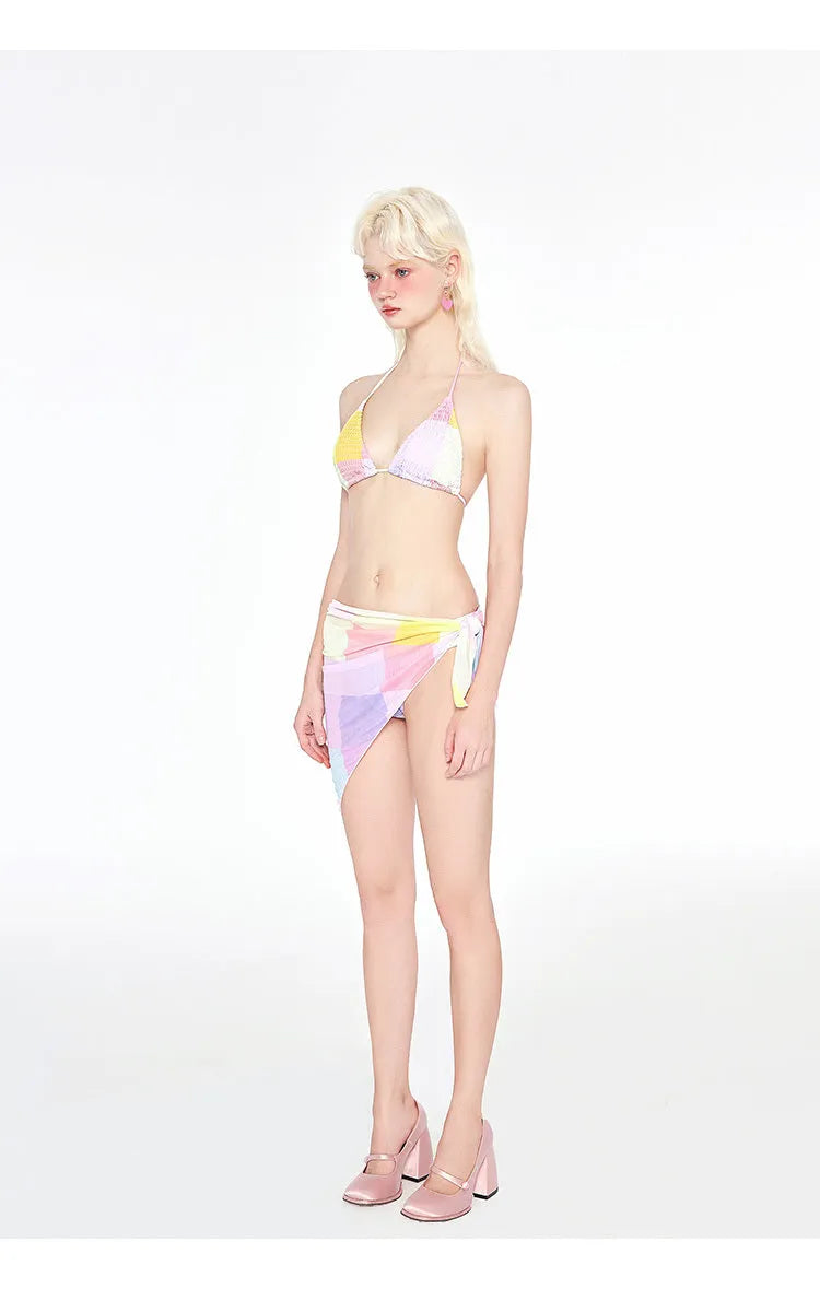 Rainbow pink women's triangle bikini top and bottom three-piece swimsuit set