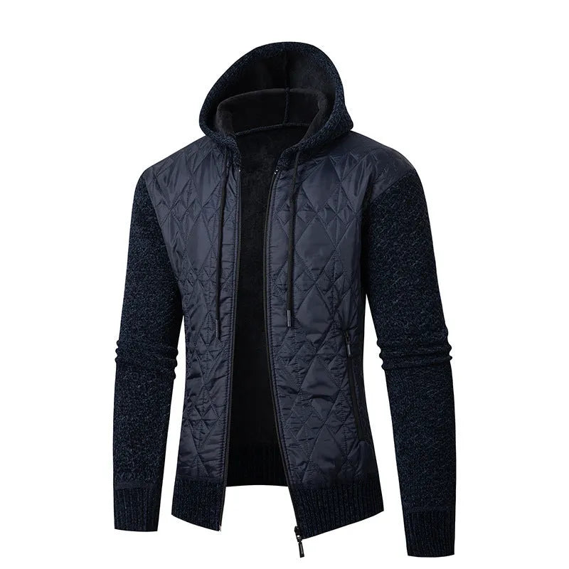 A grey men's hooded cardigan coat with a cinched waist, made from wool-blend corduroy.