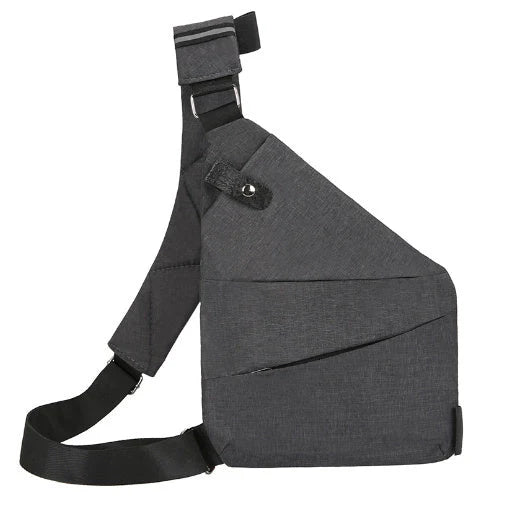 Men's multifunctional shoulder bag in dark grey and black, featuring breathable canvas material and multiple compartments.