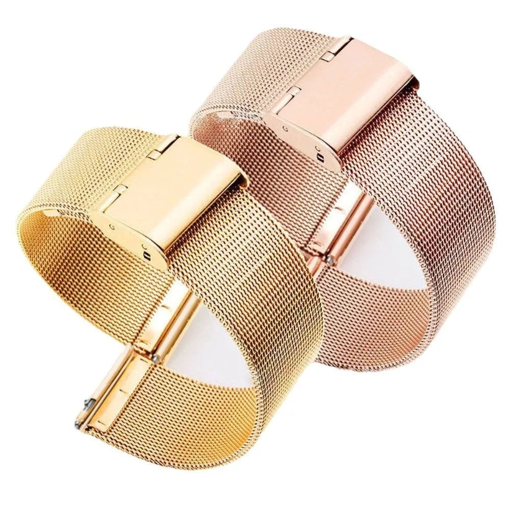 Milani silk woven stainless steel watch band replacement strap showing silver, black, rose gold, and gold colour options