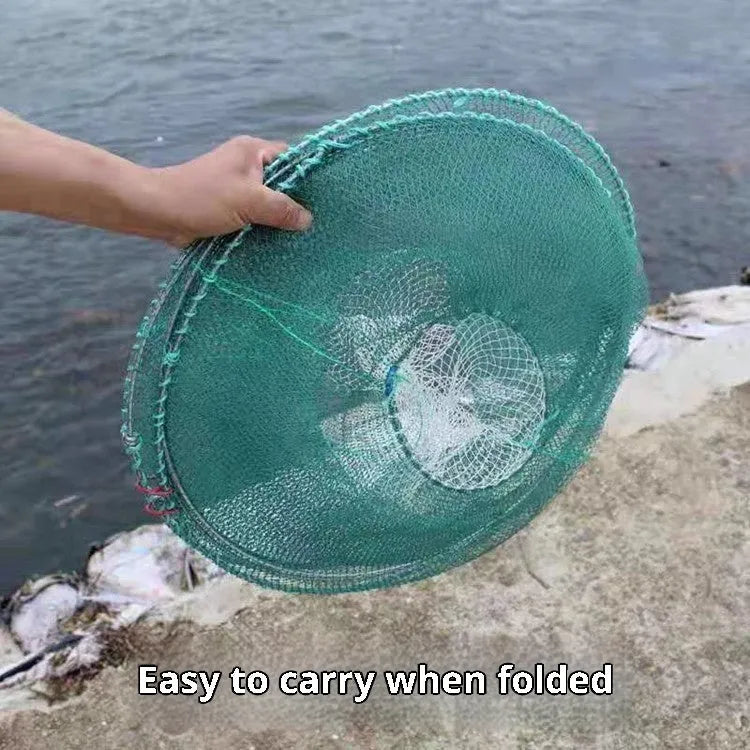 Spring Fishing Folding Basket Turtle Cage in green nylon mesh, folded and ready for use