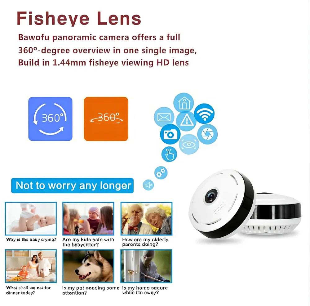 White Cobell 960P WiFi IP camera with 360 degree lens, night vision up to 15m, mounted on ceiling for home security