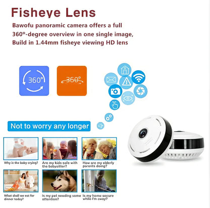 White Cobell 960P WiFi IP camera with 360 degree lens, night vision up to 15m, mounted on ceiling for home security