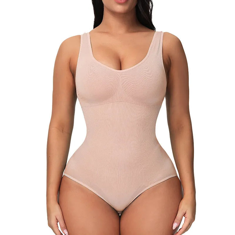 Seamless nylon corset bodysuit for women in apricot colour, showing one-piece shapewear design.