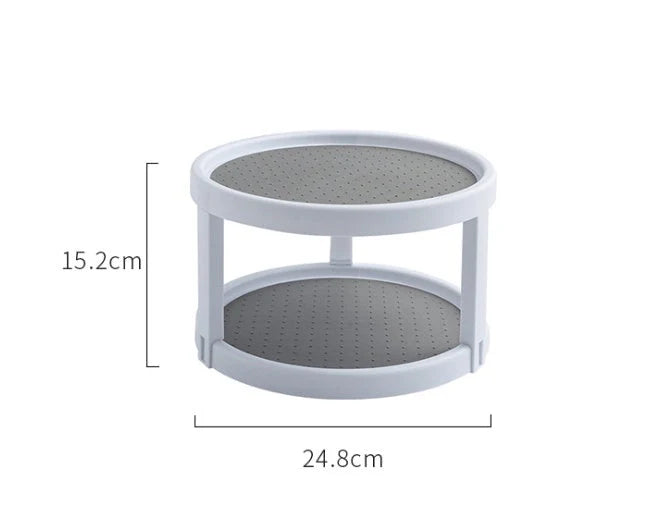 Two-tier rotary storage turntable in grey and white for kitchen and bathroom organisation