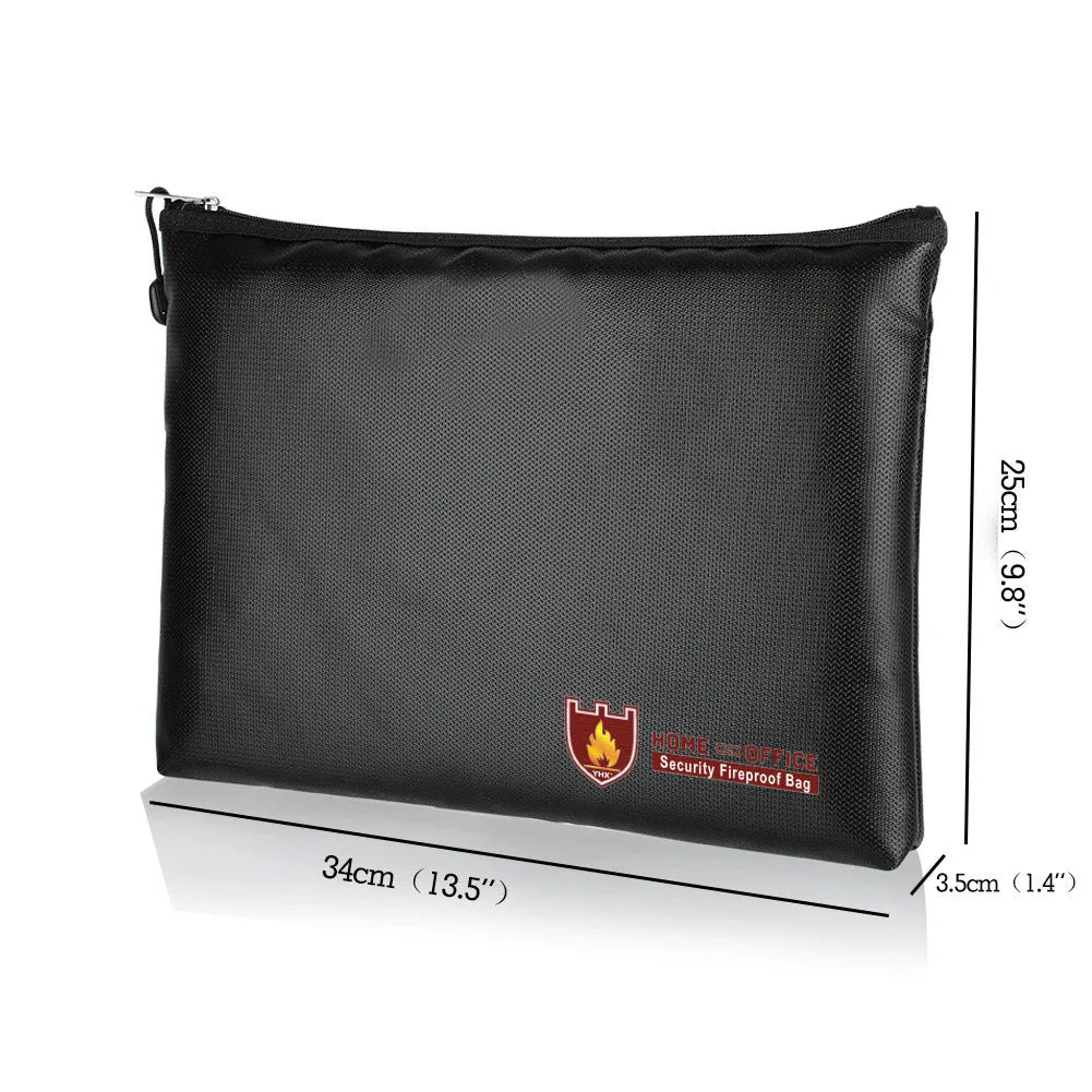 Black fire-proof contract document bag with organisational pockets shown in three size options