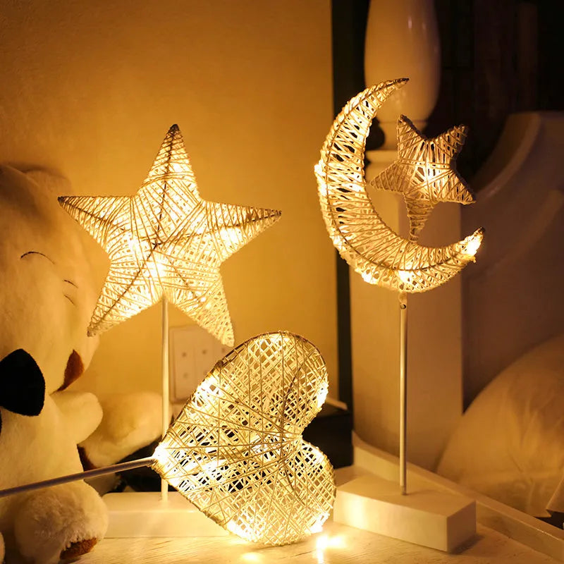 Rattan-based LED light set with star-shaped hanging lights for bedroom decoration