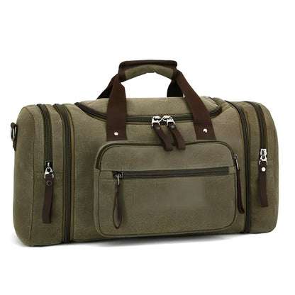 Men's canvas travel bag in army green with waterproof breathable canvas, soft handle, and cotton lining for dry travel packing