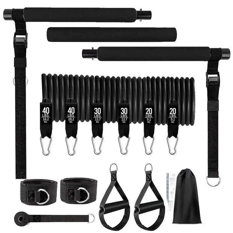 Yoga gymnastic bar with 180-pound reinforced resistance band pull rope set in black and pink TPE material
