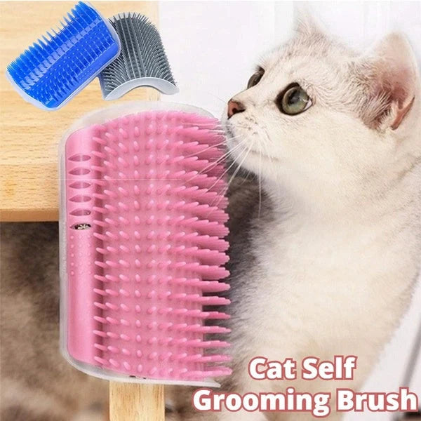 Wall-mounted cat self-grooming brush with soft rubber bristles and catnip attraction