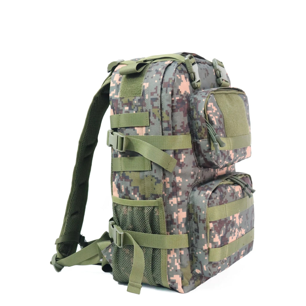 Camouflage pattern waterproof outdoor rucksack with dimensions 30x15x46cm showing air pillow belt system
