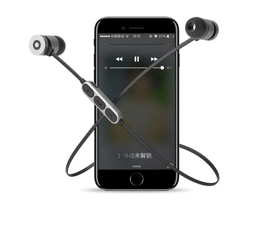 Metal magnetic sports Bluetooth wireless neckband headset in black colour with magnetic earbuds