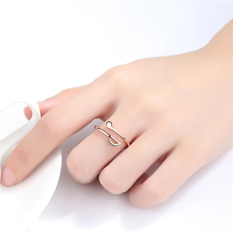 Adjustable copper wedding ring with music note geometric pattern, 5mm width, in silver and rose gold finishes