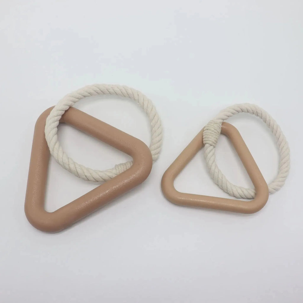Large triangular braided cotton rope dog pull ring toy in beige, pink, or purple.