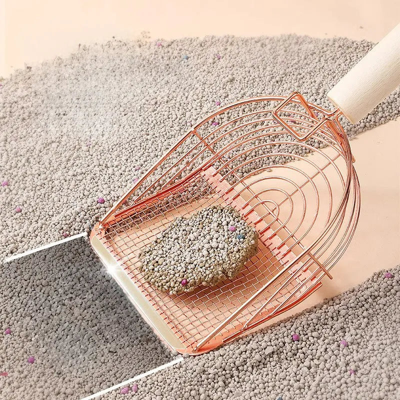 Stainless steel cat litter scoop with a long wooden handle in one of three styles: arc, linear, or square.