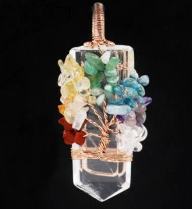 Crystal Column Tree of Life Winding Pendant Necklace in various natural crystal colours
