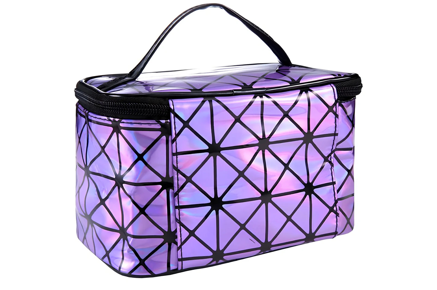 3D laser engraved cosmetic bag in blue, 19cm x 12cm x 13cm, with structured compartments for makeup storage