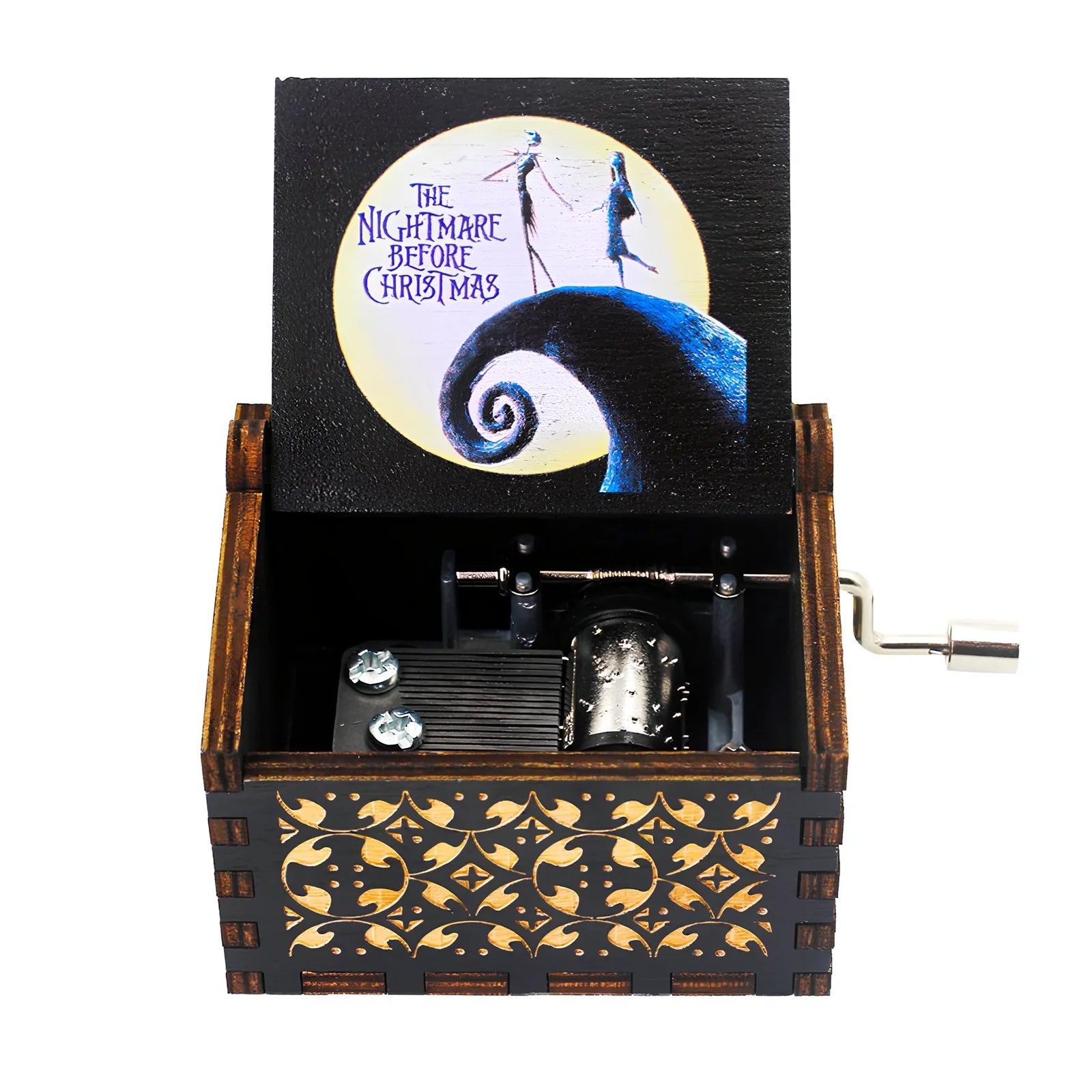 Antique boxwood music box with hand crank and yin carved Spirited Away landscape flowers, 10 cm tall wooden decoration