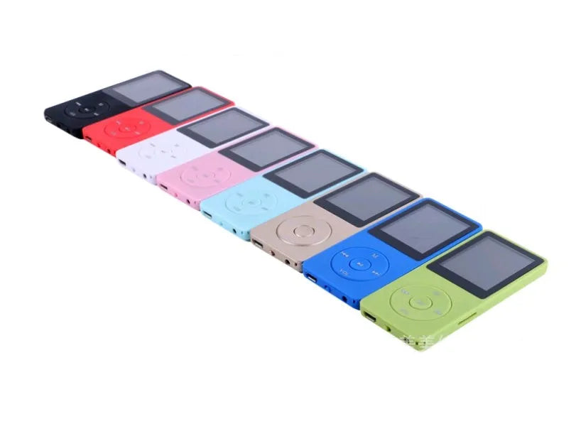 1.8 inch screen MP4 player in various colours showing display interface and compact 90mm design