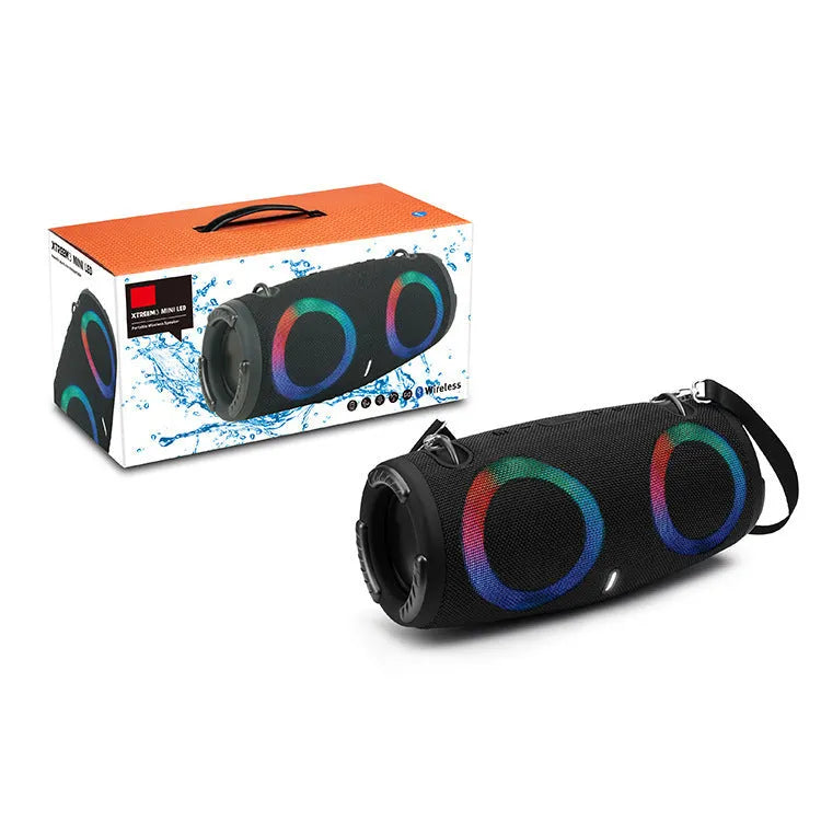Portable Bluetooth speaker with RGB lights in multiple colour options including black and camouflage.