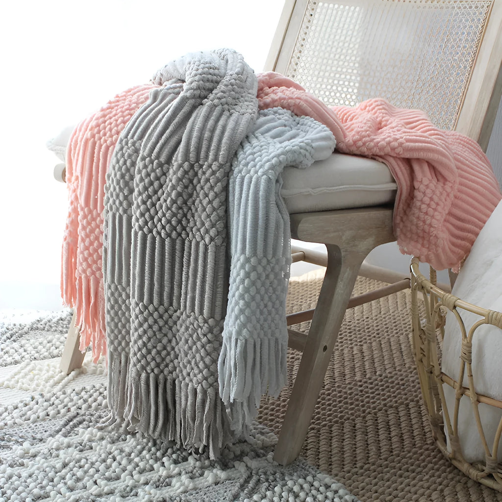 Nordic knitted bubble blanket in light grey on a modern sofa, 127x170cm polyester acrylic throw
