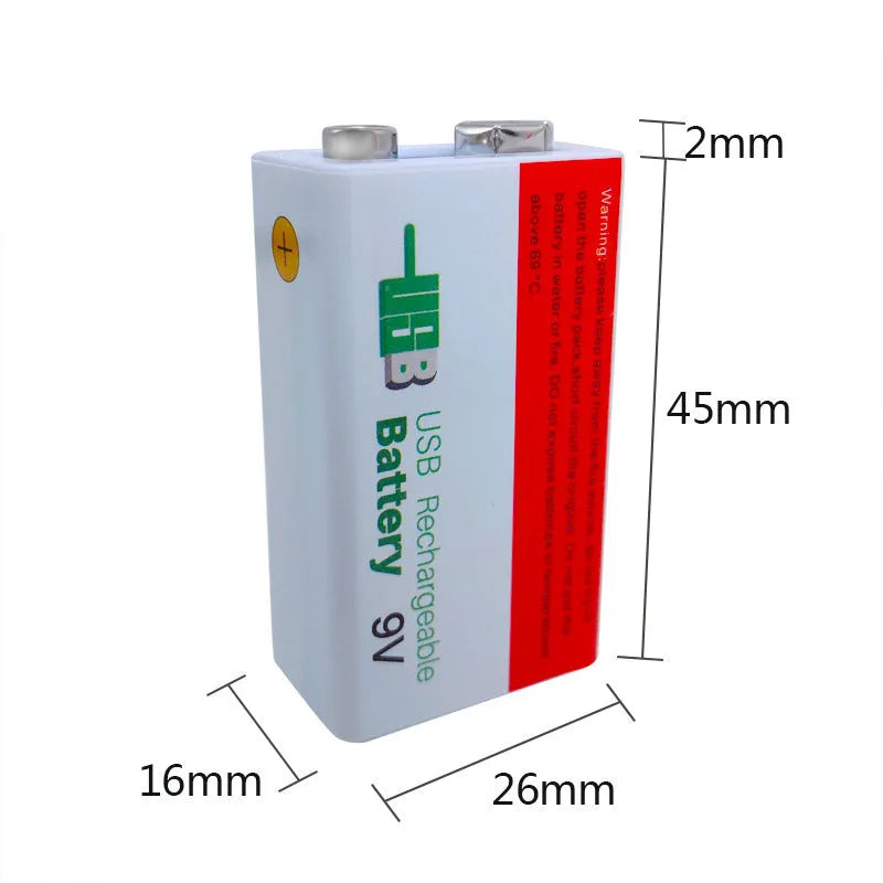 9V rechargeable lithium-ion battery with USB cable for multimeter, 5500mAh, compact 50x30x20mm