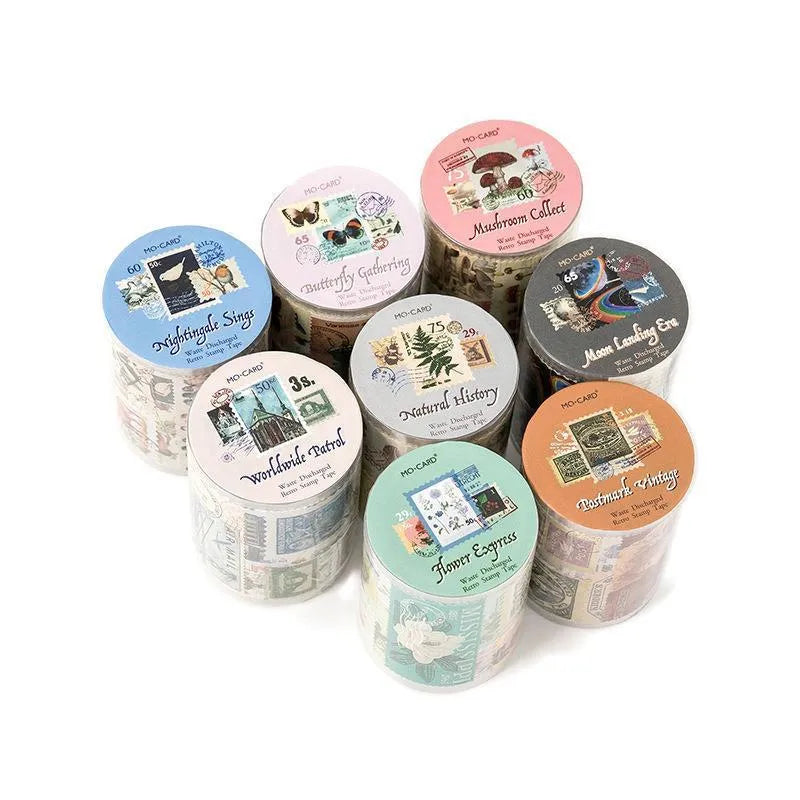 Retro DIY journal decoration coated paper stamp sticker roll showing 55mm width and sample designs from four collections