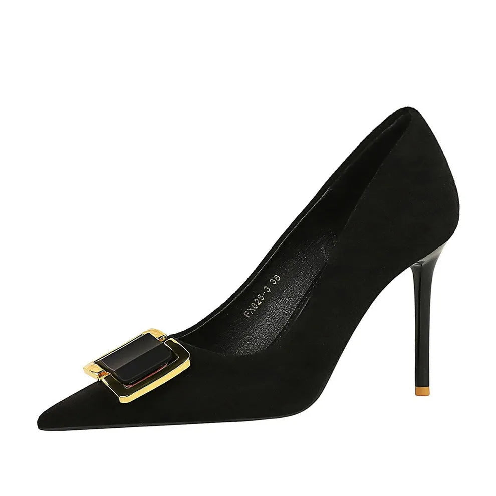 Black suede women's stiletto high heel shoes with a pointed toe and a 9cm heel.