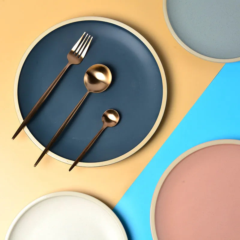 10-inch blue matte ceramic dinner plate with sesame point glaze finish