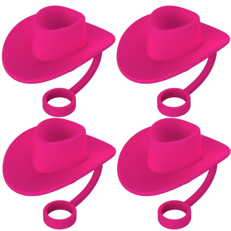 Sturdy Cowboy Hat-shaped straw covers made of food-grade silicone in vibrant colors like red, black, and brown