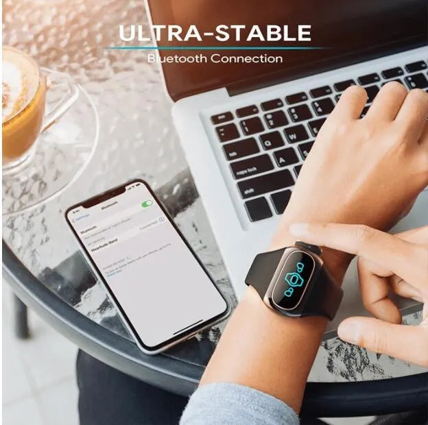 2 in 1 wireless earphone bracelet with silicone wristband in black, showing touch control and charging port