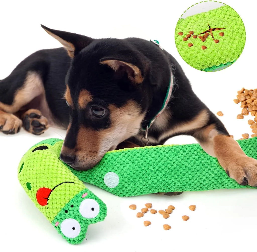 Squeaky dog puzzle toy in snail shape with velvet fabric, showing hidden food holes for foraging games.