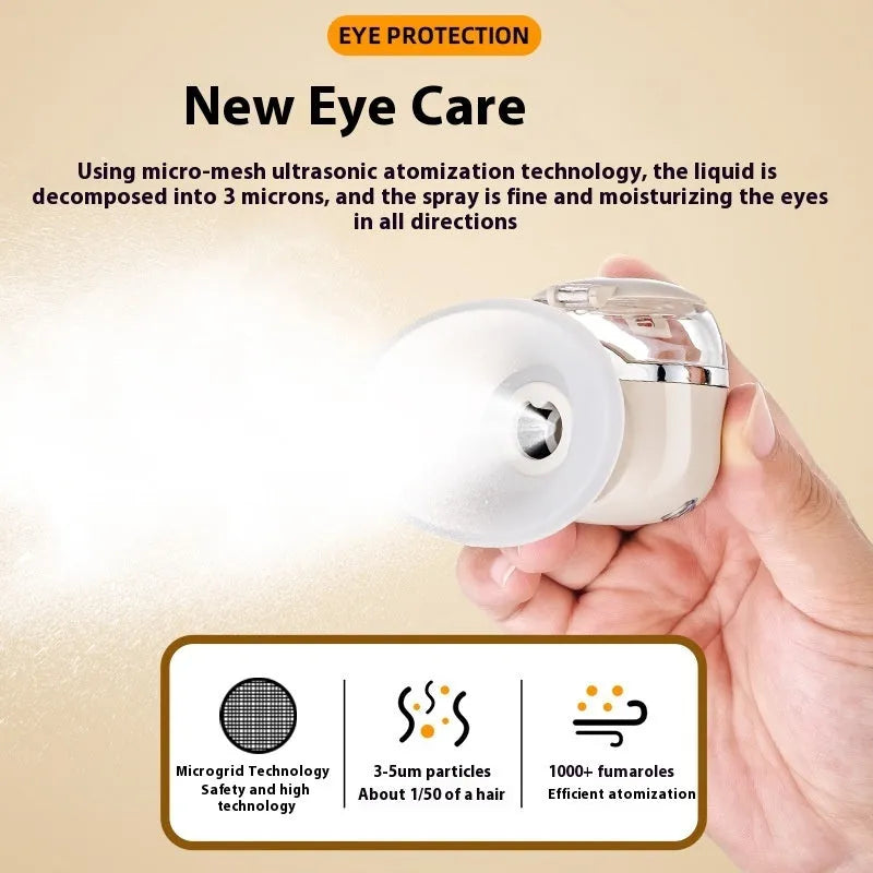 Milky white rechargeable eye moisturising instrument with hot and cold double compress on a desk