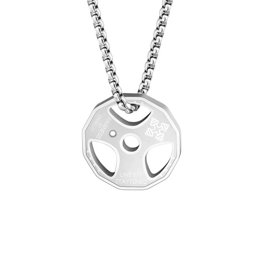 Men's titanium steel barbell necklace with geometric pendant in gold, silver, and black