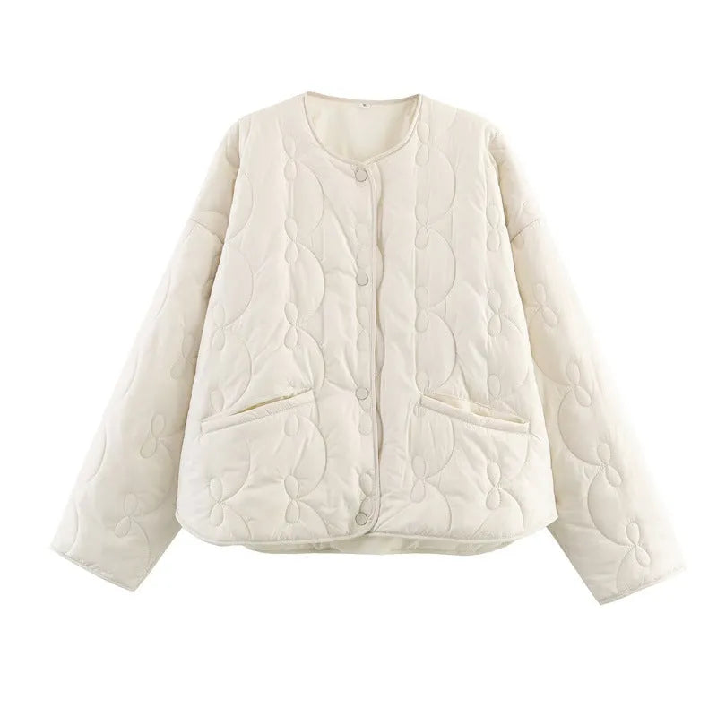 Women's bow quilted coat in black with straight cut, medium thickness polyester fabric, regular sleeves, 50 cm length