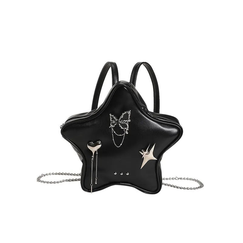 Black street trend chain backpack with metal butterfly love pendant and three-dimensional pockets