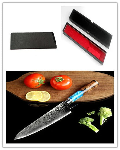 Exquisitely crafted 67-layer Damascus steel chef's knife with elegant brocade pattern and ergonomic resin-wood handle