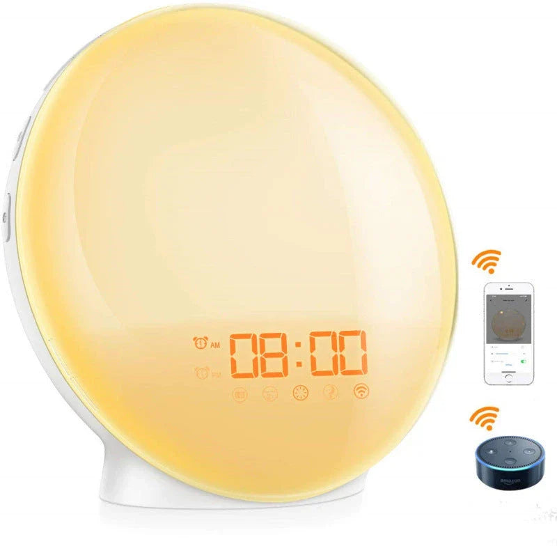 Sunrise alarm clock with gradual lighting, nature sounds, and colour customization