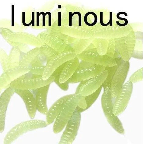 50 artificial maggot fishing lures showing segmented body design and colour variations