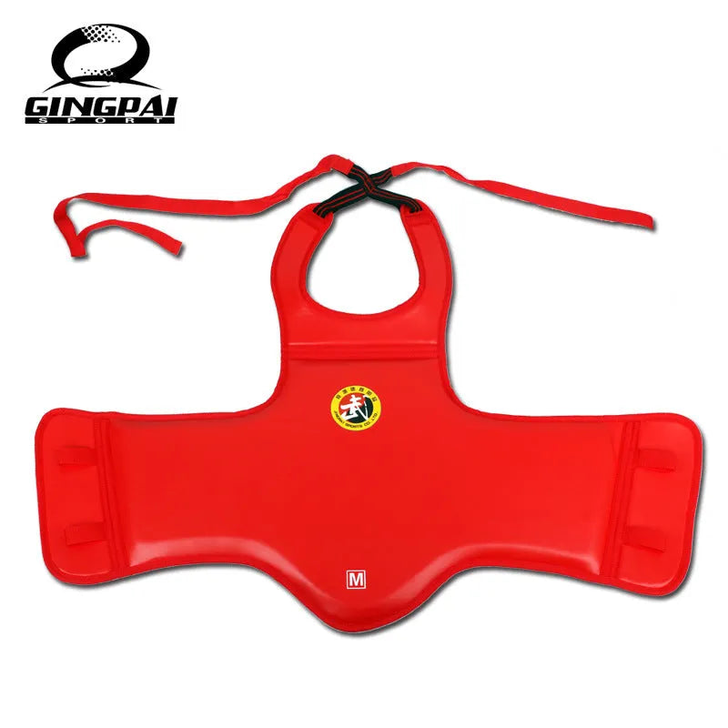 Red boxing helmet and one-piece chest protector set for training, shown in size medium.