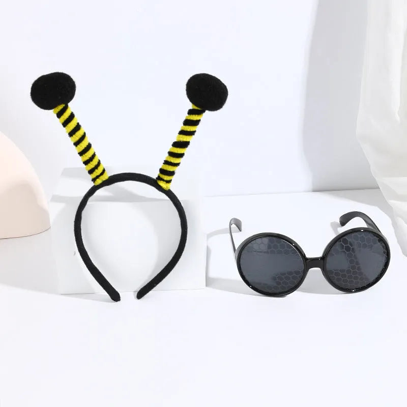 Yellow Bees costume headband and glasses set with insect decorations.