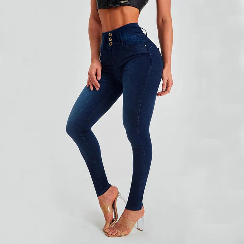Women's high waist skinny jeans in dark blue and light blue with stretch and shaping features